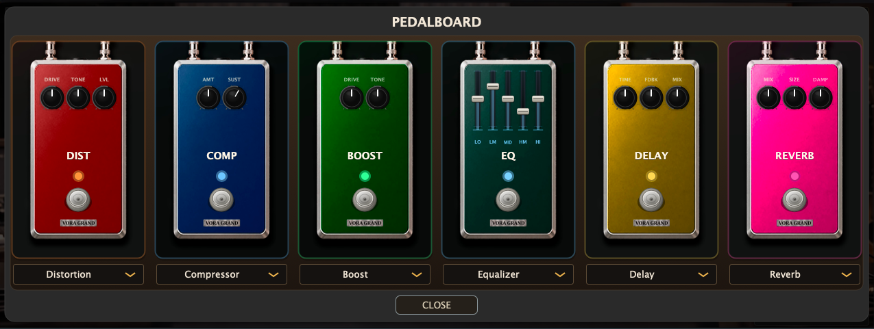 Vora Grand pedalboard with six stompbox slots